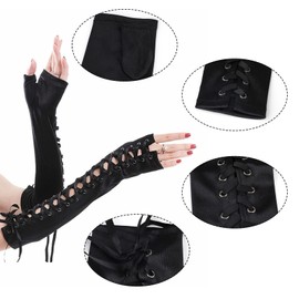 PHOGARY Lace Up Fingerless Gloves Elbow Gloves Goth Punk Arm Warmer Cosplay Assecories for Women (Style B)