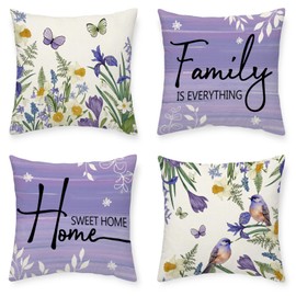 Tikeciti Spring Throw Pillow Covers 18 x 18 Inch Irises Floral Butterfly Daffodil Bird Pillow Case Home Sweet Home Farmhouse Seasonal Cushion Case Decoration for Sofa Couch Set of 4