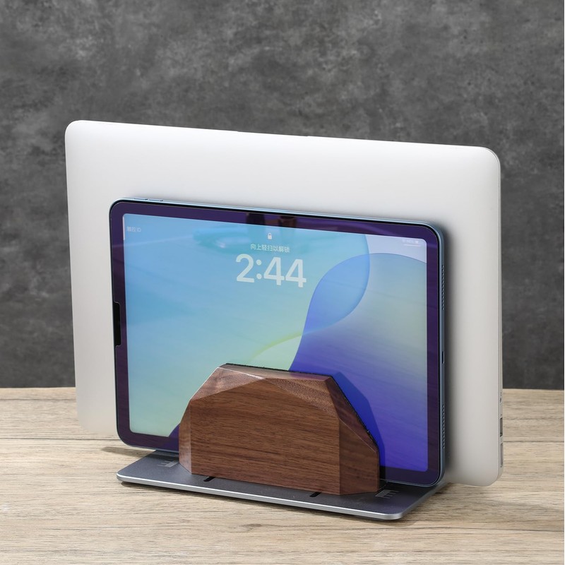 NIRVASH Walnut Wood Vertical Laptop Stand, Dual Slot Wooden Laptop
