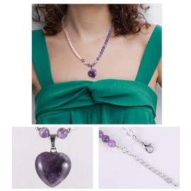 mookaitedecor Purple Amethyst Crystal Heart Necklace for Women Girl, Semi Precious Stone Love Heart Pendant Necklace Jewellery Reiki Healing Crystal Bead Necklace Love Gift for Her Mother's Day Gift