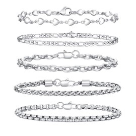 5 Pcs Chain Bracelets for Men Women - Sturdy Stainless Steel Figaro Curb Cuban Link Chain Bracelet Set for Men Women,6.5/7.5/8.5 Inches (Silver Link 2, Small (6.5"-7"))