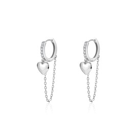 Dangle Drop Heart Tassel Small Hoop Earrings for Women Cartilage Cubic Zirconia Crystal Huggie Hoops Long Chain Dangling Earring Cuffs Dainty Jewelry Gifts Valentine's Day (Silver)