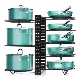 XSUPER Pots and Pans Organizer for Cabinet, 8 Tier Pot Rack Organizer with 3 DIY Methods, Adjustable Pot Lid Holders & Pan Rack for Kitchen Organizers & Storage, Black