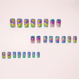 Gold Stars Press on Nails Long Square Fake Nails Colorful Sky Design Cute Full Cover Stick on Nail Summer Acrylic False Nails Glitter Glue on Nail for Women Decoration Manicure Supplies 24Pcs