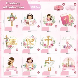 24Pcs First Communion Decorations for Girls - Pink Floral Baptism Centerpieces for Tables Baptism Decorations Honeycomb Centerpiece Double Sided Table Toppers for Girl 1st Holy Communion Décor