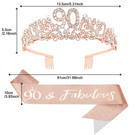 KIUEZIR Rose Gold Birthday Tiara and Sash Set - Elegant Floral Rhinestone & Alloy 90th Crown Headband with Comb & Soft Glitter Fabric Sash, Women's Party Hair Accessories for 90th Birthday
