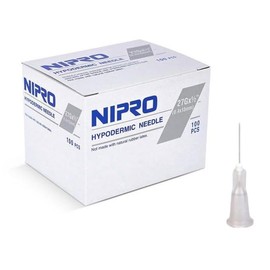 Aguja Hipodérmica 27G x 13mm (1/2”) NIPRO Caja con 100 Piezas. Aguja estéril, desechable. Con tecnología Ultra Thin Wall