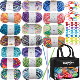 Crochet Yarn (18X25g, 4-Ply), Multicoloured Acrylic Wool Double Knitting Wool, Crochet Wool with Carry Bag, Aluminum Crochet Hooks Stitch Markers, Ombre Color Yarn for DIY Craft Blankets Socks Dolls
