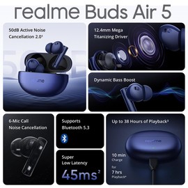 realme Buds Air 5 Auriculares inalámbricos,Bluetooth 5.3 Auriculares Ative Noise Cancellation,38H Playtime IPX5 Impermeable Bass Lock Auriculares, para Android iOS, Blanco