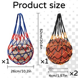 afhgdjr Pack of 2 ball net, ball net, 1 ball, football net, ball bag, basketball net, can hold 1 ball, 2 air pump needles, suitable for storing basketball, football and volleyball