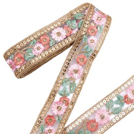 CABODYALS - Cinta de jacquard floral transparente de 15 yardas de 1.69 pulgadas con bordado dorado con borde de organza, clásico, cintas de poliéster tejidas étnicas para costura, hacer ropa,