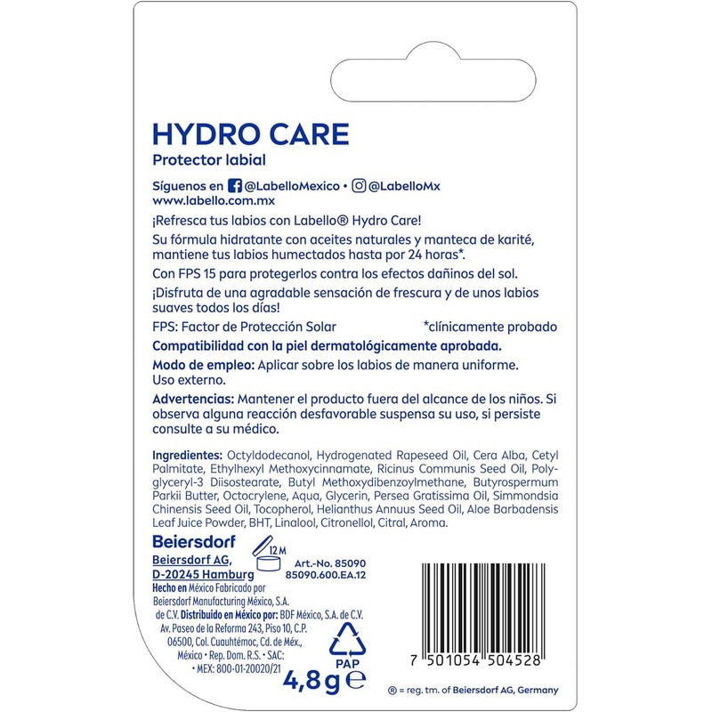 LABELLO Bálsamo labial Hydro Care (4.8g) protector labial hidratante FPS