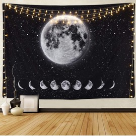 Arawat Tapestry Moon Phases Wall Tapestry Moon Black White Tapestry Moon Wall Decoration Psychedelic Rug Gothic Trippy Tapestry Wall Tapestry Wall Hanging Boho Wall Decoration (150 x 130cm)