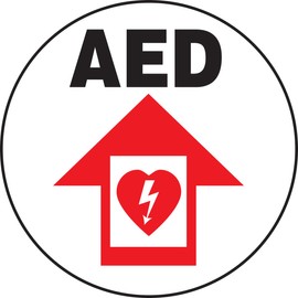 AccuformNMC Floor Sign "AED" with Arrow and Symbol, 17" Diameter Non-Slip Adhesive Vinyl AED Emergency Sign, Red/Black on White, Made in the USA, MFS713