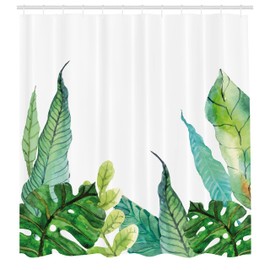 Ambesonne Hoja Cortina de Baño, PláTostadoo Fragipani Árbol Tropical, Paño Conjunto de Decoración de Baño de Tela y Ganchos, 75" Alto, Verde Blanco