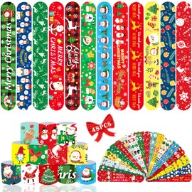 Acuiwer Christmas Slap Bracelet 48 PCS Slap Wrist Bands Bulk for Kids Party Bag Fillers Party Supplies Flavors Gift for Girls Boys Birthday Christmas (Xmas-48pcs)