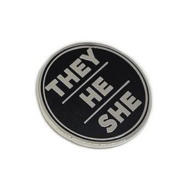 They He She Pronoun Pin Silver and Black Circular Hard Enamel Nonbinary Pronoun Button Badge, 1.25 inches, Metal enamel Zinc, star