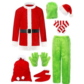 Christmas Green Big Monster Costume for Men, 11PCS Deluxe Furry Santa Claus Costume Suit with Mask