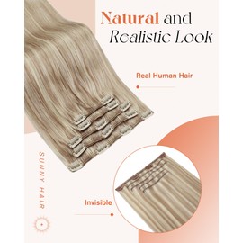 Sunny Hair Clip in Hair Extensions Remy Human Hair Extensions for Women Real Hair Clip in Extensions Double Weft Warm Ash Blonde Highlight Biege Blonde (12 inch-5pcs/80g, 14-24 inch-7pcs/120g)