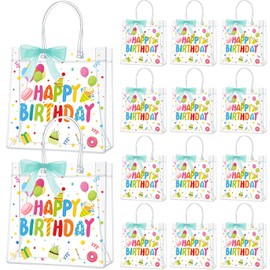 24 Pcs Birthday Clear Gift Bags PVC Happy Birthday Bags with Handles Ribbon Reusable Candy Goodie Treat Party Favor Totes for Gift Wrap Party Supplies, 7.9 x 7.9 x 3.1 Inches
