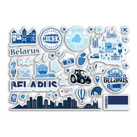 A5 Sticker Sheet Belarus Blue Landmarks Vinyl Stickers - Minsk Map Airport Stamp Skyline Flag Travel Holiday City Country Aesthetic #80341