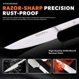 KALAVINKA 8 Inch Cooking Knife, Razor Sharp Edge Retention, German Steel Blade with Comfortable Handle, Bonus Sheath, Gift-Ready (RUPA)