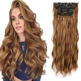 Gairyan Clip-In Extensions Wave Hair Extensions Wavy 4-Piece Set Hair Clip Extensions Hair Pieces Long Synthetic Curls Hair Extension for Women 55 cm 180 g - Light Brown & Natural Blonde