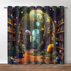 Jekeno Vintage Bookshelf Blackout Curtains Books Bookcase Mysterious Tree Flowers Planet Starry Sky Decor for Bedroom Study Classroom Living Room Darkening Grommet Window Drapes 2 Panel Set, 42"x84"
