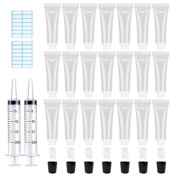 50PCS 10ml Lip Gloss Tubes Black Cap Empty Clear Lip Balm Containers Refillable Soft Cosmetic Squeeze Tubes for Lip Gloss Base Glitter Pigment Powder 2 Syringes + Tag Labels Stickers by AMORIX