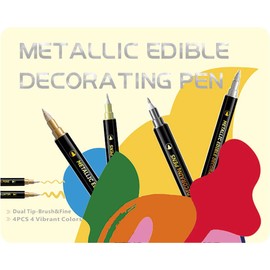 ZJSJSP Edible Metallic Markers Food Coloring Pens Fine and Thick Tip Food Upgrade Gold Shimmering Pens for Cookies Cakes Baking Decorating Drawing（4PCS) (Gold, Silver, Rose Gold, Black, 4PCS)