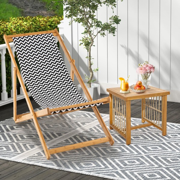 Tangkula Sling Chair Outdoor, Patio Deck Chair with Solid Bamboo Frame & Breathable Canvas Seat, 3 Adjustable Positions, Portable Folding Beach Chair for Porch, Poolside, Balcony, Garden