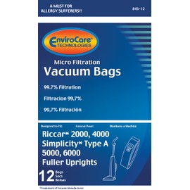 Envirocare Replacement Micro Filtration Vacuum Cleaner Bags made to fit Riccar 2000, 4000 and Vibrance Series. Simplicity 5000, 6000 and Symmetry Type A 12 pack