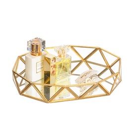 Feyarl Gold Glass Perfume Tray Mirror Vanity Jewelry Trinket Organizer Tray Ornate Cosmetic Makeup Display Geometric Shape Decorative Tray for Bathroom Home Decor Dresser Tabletop Countertop (11inch)