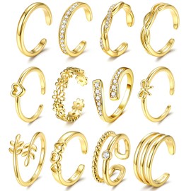 Sanfenly 12Pcs Gold Plated Toe Rings for Women Non Tarnish Waterproof