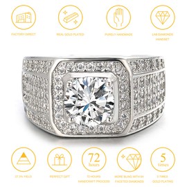 Halukakah Gold Diamond Ring Iced Out, Men's 18 Carat Real Gold Plated/Platinum Plated White Gold Ring Size Adjustable with Free Gift Box, Platinum