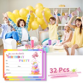 Rainbow Birthday Invitation Cards -32PCS, Birthday Party Invitations Cards for Boys or Girls Birthday Party(Rainbow）
