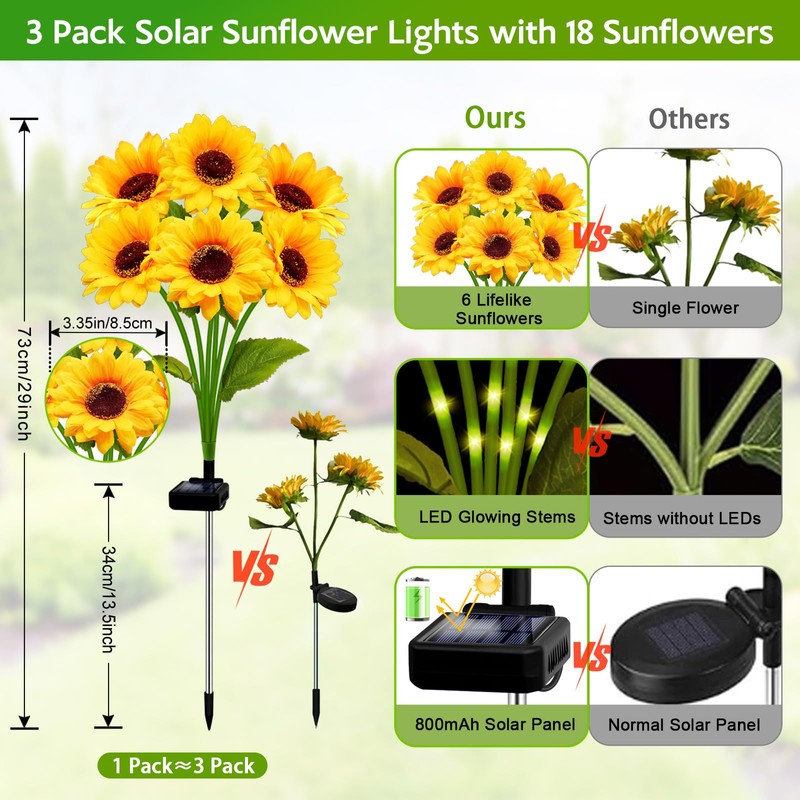 Solar Sunflower Lights Outdoor Garden Decor, 6 Pack Solar Flowers