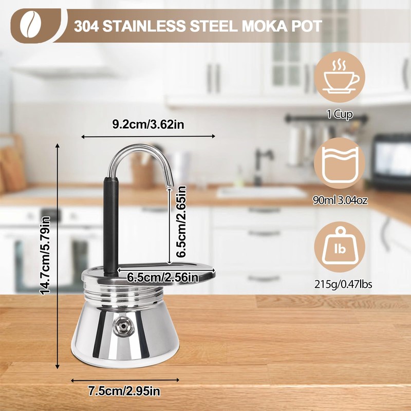 Uncoated 1 Cup Single Tube Moka Pot 304 Thickened Stainless