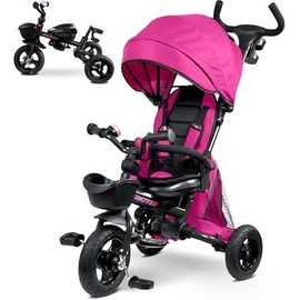 7-in-1 Toddler Tricycle for 18 Months to 5 Years, Tricycle for Toddlers with Rotatable Seat, Tricycle Stroller with All-Terrian Rubber Tire, Double Brake, Adjustable Push Handle, Pink