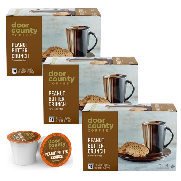 Door County Coffee - Peanut Butter Crunch, Peanut Butter Flavored Ground Coffee - Medium Roast, Single Serve Cups – 30 Count