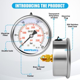 Hansfelds 0-250bar Pressure Gauge Liquid Filled 1/4''BSP Back Mount 63mm Dial Face stainless steel case Brass Connection Dual Scale bar/psi Accuracy1.6,2Pieces Bushing reducer 1/4"to 3/8",1/4"to1/2"