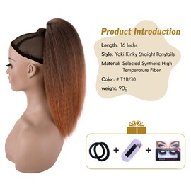 UAmy hair Long Yaki Straight Drawstring Ponytail for Black Women 16inch T30 Shoulder Length Synthetic Slight Kinky Straight Ponytail Extension Clip in for Daily Party Use(T1B/30 Mix Black and Brown)
