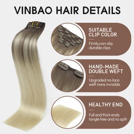 VINBAO Clip In Hair Extensions Real Human Hair 140g Light Brown To Platinum Blonde 14inch 7pcs Clip ins Silky Straight Invisible (#7C8T60, 14'')
