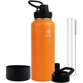 honogo 40 oz Double Wall Insulated Metal Water Bottle for Men, Women & Kids, 18/8 Stainless Steel Wide Mouth Thermos Flask with Straw Lid & Spout Lid, Leak Proof, Keep Hot and Cold (Orange, 40 oz)