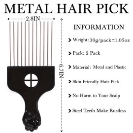 COOKOO 2 Pack Metal Styling Combs Wide Tooth Afro Pick Hair Picks Classic Black Fist Design for Women and Men Natural Curly Afro Hair Hairdressing Styling Comb Styling Tool