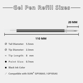 SUIN 0.7mm Gel Ink Pen Refills, Black, 12pcs for SUIN Gel Ink PENS