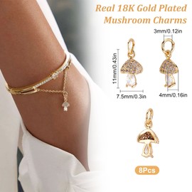 Beebeecraft 8pcs/Box Cubic Zirconia Mushroom Charms 18K Gold-Plated Brass Mushroom Pendant with Jump Ring for Jewellery Making Necklace Bracelet DIY Crafts