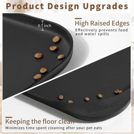 SMILOOL Silicone Pet Feeding Mat with Raised Edge & Residue Collection Pocket for Food and Water, Dog Bowl Mats, Cat Bowls Placemat with High Lip for Floor Waterproof, 19 x 12 x 0.7 Black