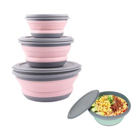 CTForest Set of 3 Portable Camping Foldable Bowls, Reusable Collapsible Bowls, Portable Salad Bowls, Travel, Camping, Picnic, School (Pink)