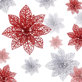 Boao 24 Pcs Christmas Glitter Poinsettia Artificial Flowers Christmas Tree Ornaments with Clips for Xmas Wreath Centerpieces Wedding Party Floral Decorations Multisize 3/4/6 Inch(Red,Silver)